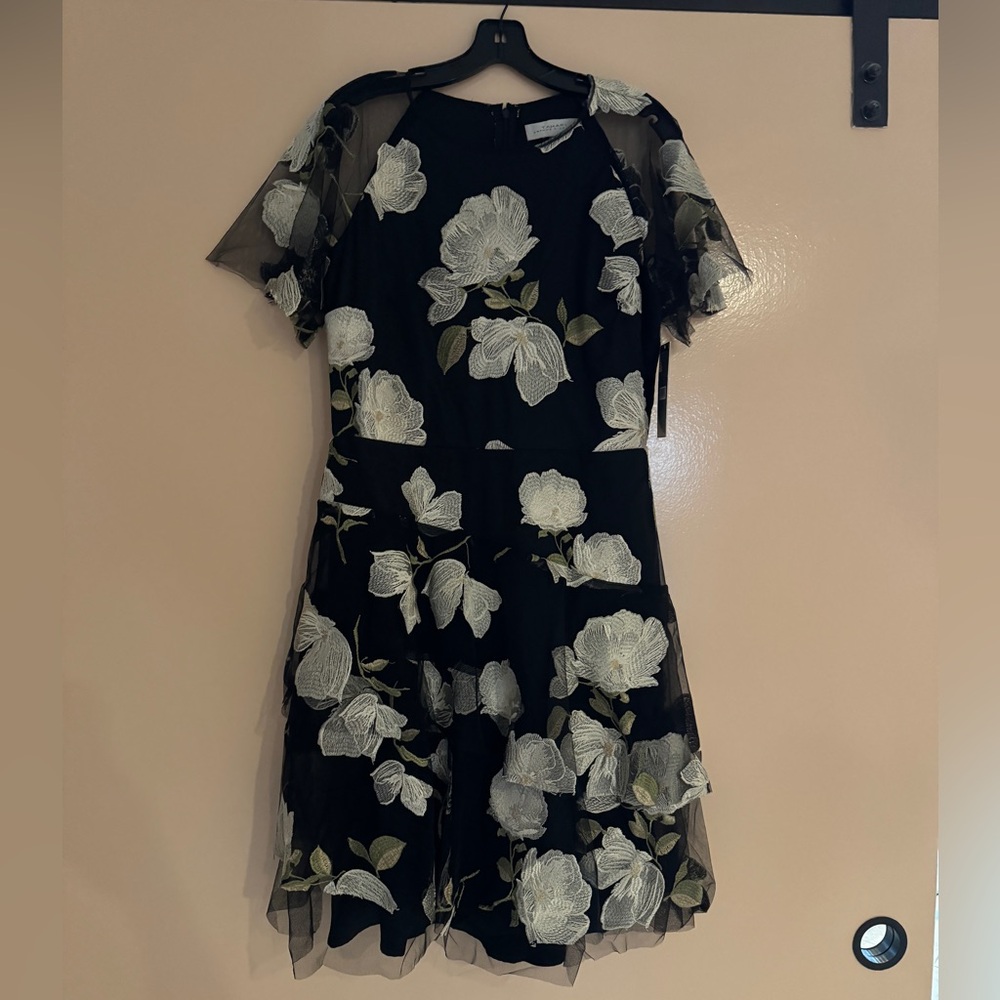 Tahari embroidered black tulle dress